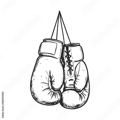 Vintage boxing gloves sketch with lace-up detail hanging on strings – stock vector icon in line style
