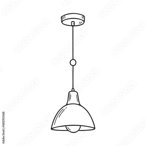 Black and white sketch of a hanging pendant lamp with exposed bulb – stock vector icon in line style