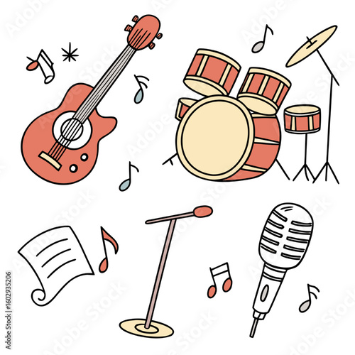 Musical Instruments and Notes Doodle Collection.