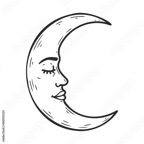 Artistic crescent moon with human face design in black and white – stock vector icon in line style