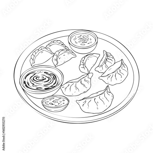 Line art of dumplings on plate with three dipping sauces – stock vector icon in line style