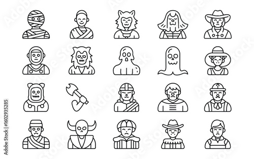 Halloween Character Line Art Vector Icon Set - Mummy, Vampire, Werewolf, Ghost, Zombie, Knight, Cowboy, and Spooky Avatars
