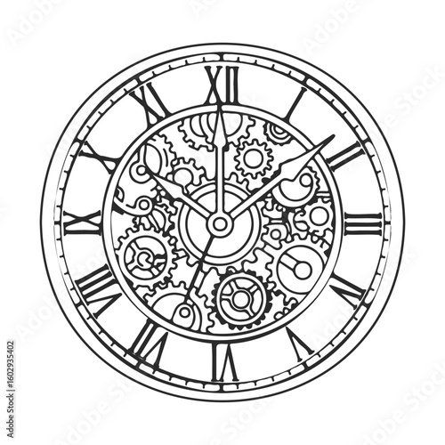Intricate clock face with gears and roman numerals in black and white design – stock vector icon in line style