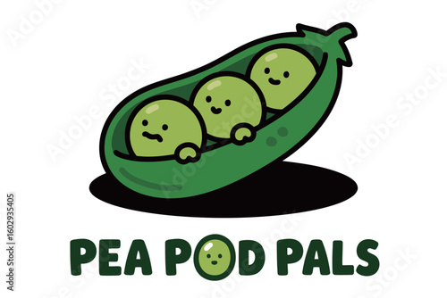 Adorable Pea Pod Pals Characters with Smiling Faces in a Green Pea Pod Illustration