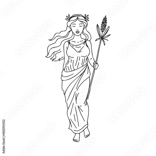 Greek goddess demeter line art: elegant female figure with wheat staff – stock vector icon in line style