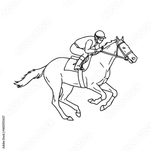 Outline of male jockey riding galloping horse in dynamic motion – stock vector icon in line style
