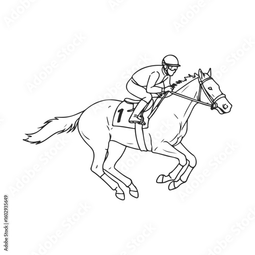 Outline of male jockey racing horse in action – stock vector icon in line style