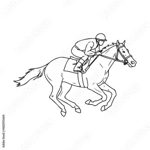 Jockey riding galloping horse line art illustration – stock vector icon in line style
