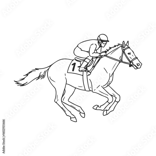 Male jockey racing horse at full gallop line art – stock vector icon in line style
