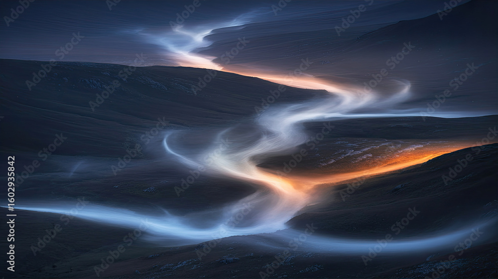 Fototapeta premium Glowing mist winding through dark mountainous terrain image
