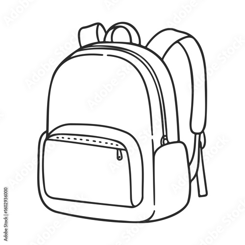 Simple black and white backpack line drawing with front pocket and strap details – stock vector icon in line style
