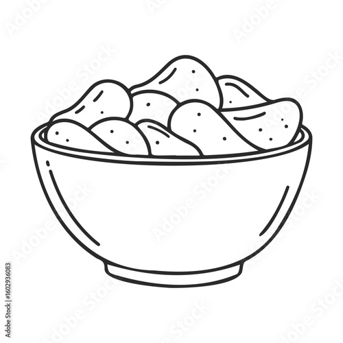 Hand-drawn bowl of potato chips in black and white line art – stock vector icon in line style