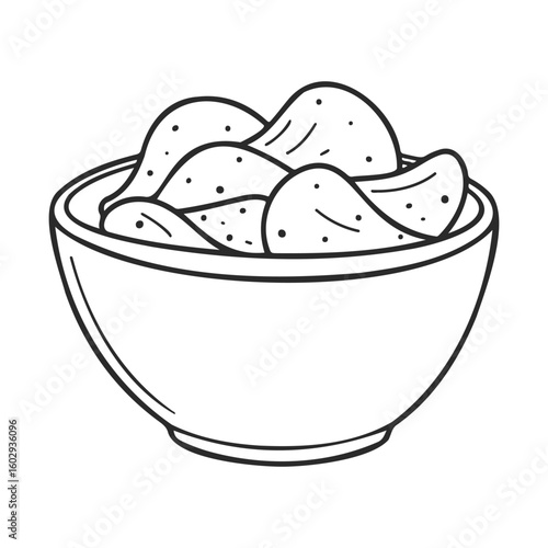 Black and white illustration of potato chips in a bowl – stock vector icon in line style