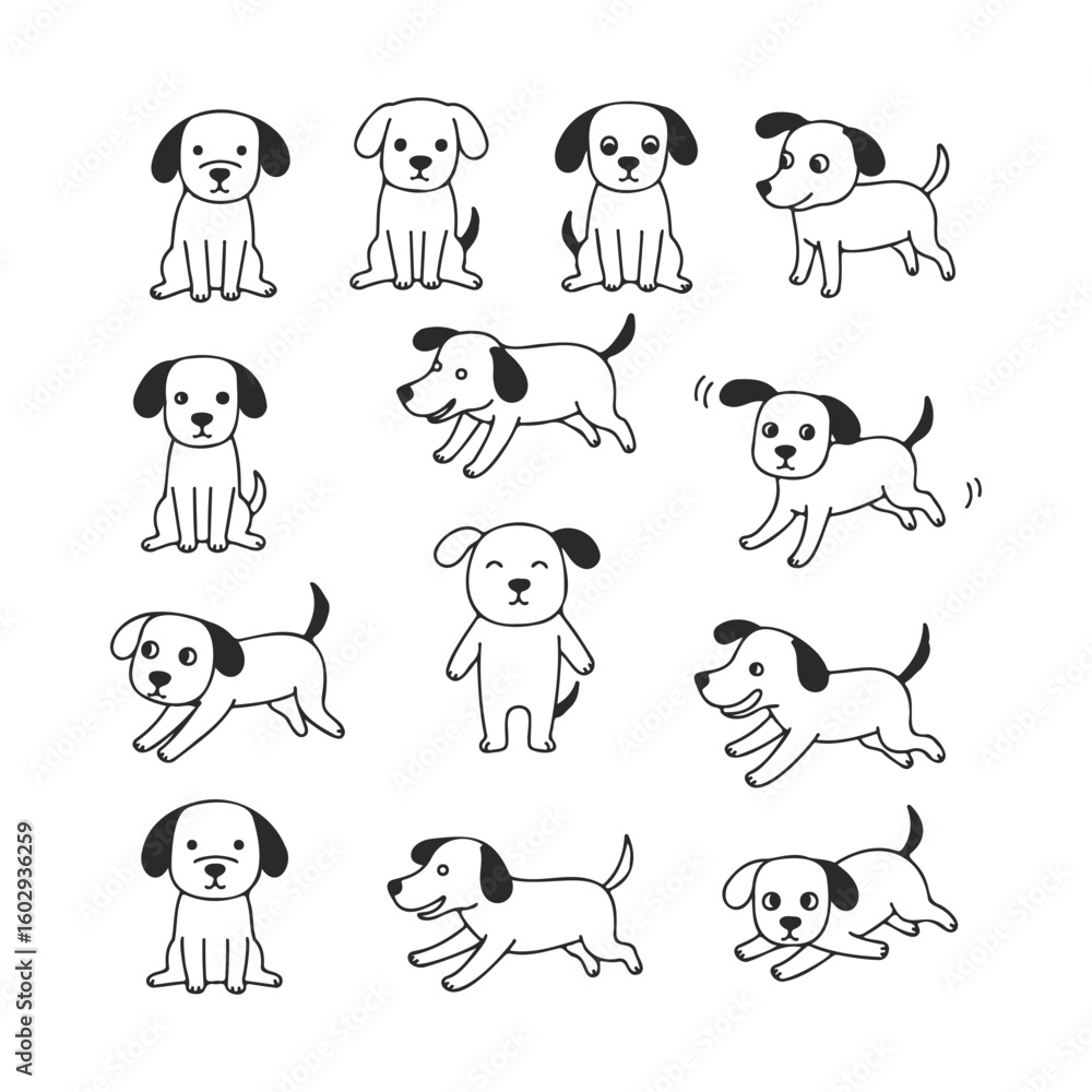 Fototapeta premium Cute cartoon puppies in various poses - adorable dog illustrations – stock vector icon in line style