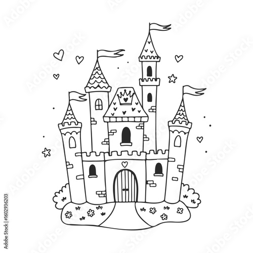 Whimsical fairytale castle with flags and hearts in doodle art style – stock vector icon in line style