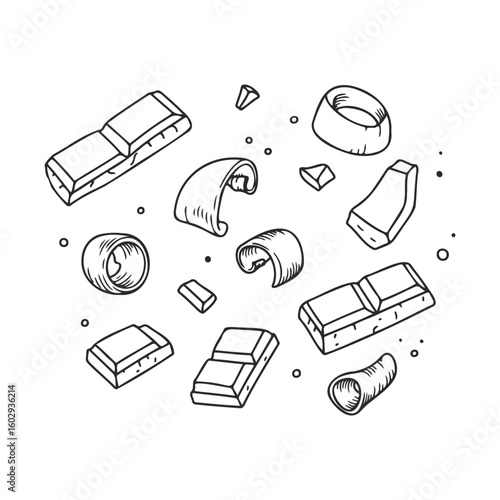Hand-drawn chocolate bars and curls on white background – stock vector icon in line style