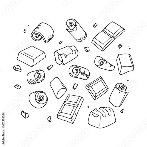 Hand-drawn chocolate bars and swirls on white background – stock vector icon in line style