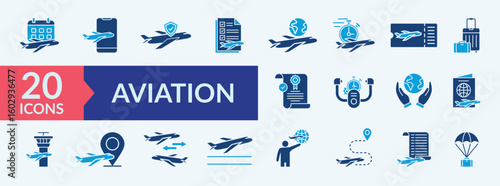 Aviation icon collection set with flight time, boarding pass, safety, air navigation, passport