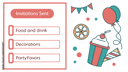 A party checklist with invitations sent, food and drink, decorations, and party favors alongside party items