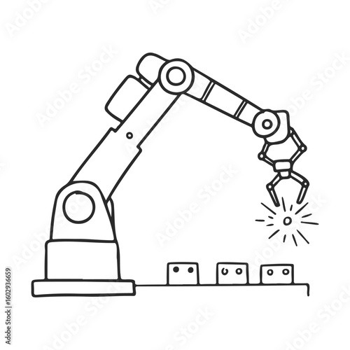 Robotic arm operating on production line in manufacturing process – stock vector icon in line style