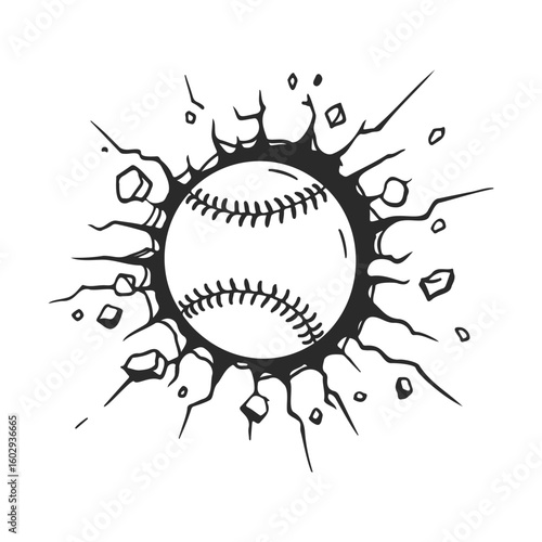 Baseball crashing through wall with dynamic explosive effect – stock vector icon in line style