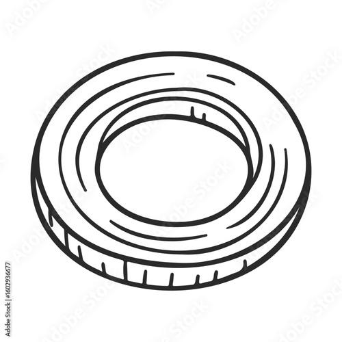 Monochrome circular doughnut shape with grooves and hollow center – stock vector icon in line style