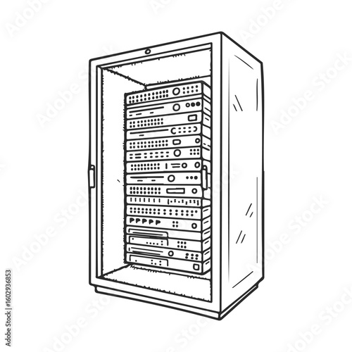 Monochrome illustration of server rack with equipment in enclosure – stock vector icon in line style