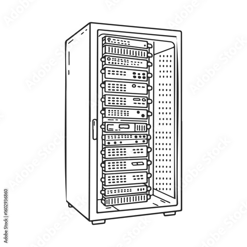 Illustration of data center server rack with multiple hardware units – stock vector icon in line style
