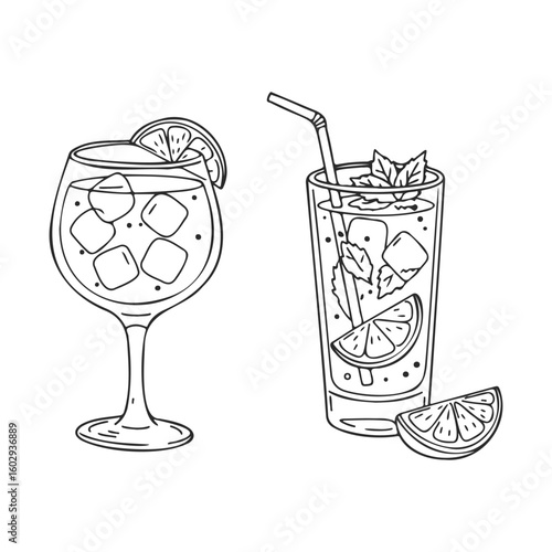 Line art of refreshing cocktails in glasses with ice and lemon slices – stock vector icon in line style
