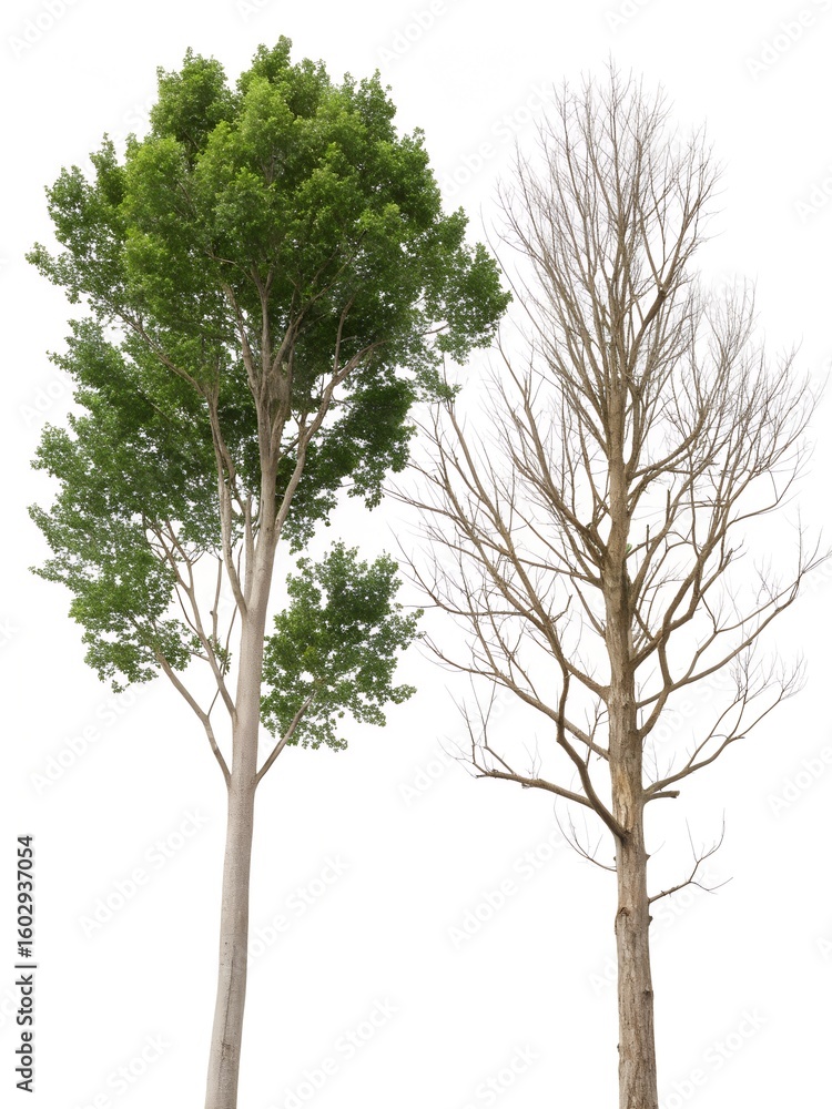 Obraz premium Vibrant green tree contrasts stark bare tree symbolizing change and seasons white background