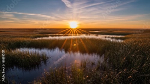 Sunset over a tranquil marsh landscape