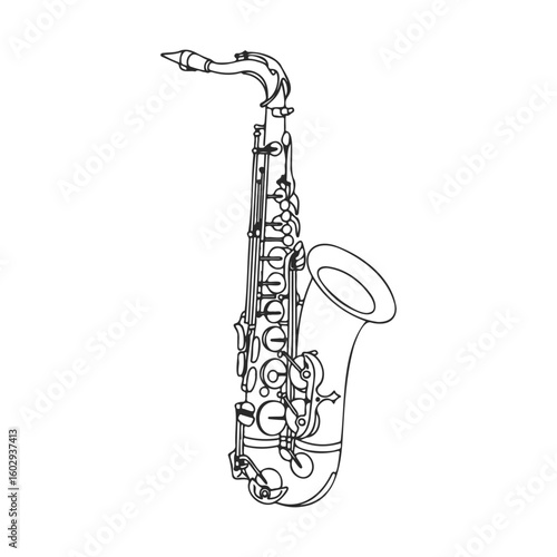 Detailed line art of a saxophone on white background – stock vector icon in line style