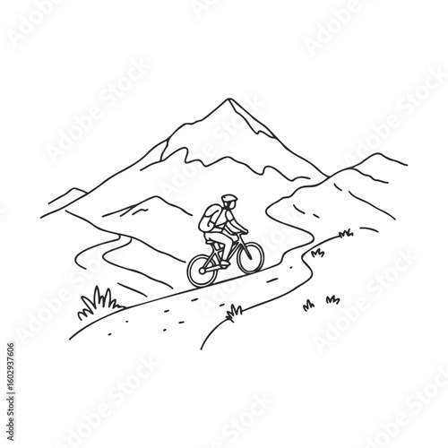 Cyclist on mountain trail line art – outdoor adventure and nature exploration – stock vector icon in line style