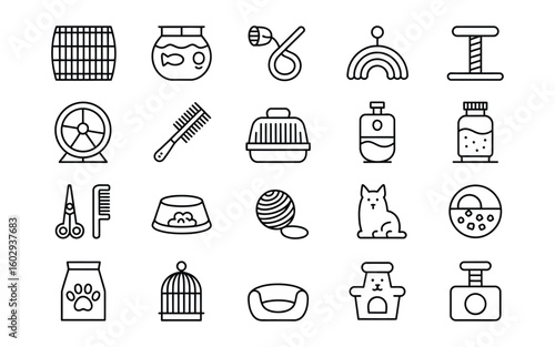 Pet Care and Accessories Line Art Vector Icon Set - Cage, Fish Bowl, Toys, Grooming, Carrier, Food, Bed, Cat, Dog, and Animal Supplies