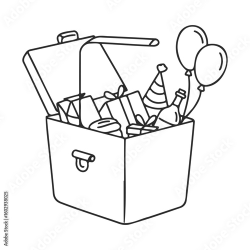 Black and white party gift box with balloons and party hat illustration – stock vector icon in line style