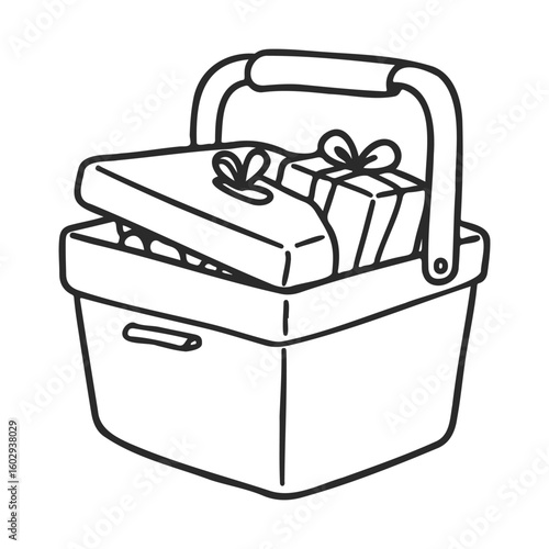 Gift boxes inside picnic basket line art illustration – stock vector icon in line style