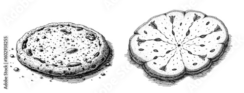 Rye flatbread sketches in vintage style on white background  