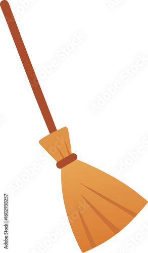 Brown handle broom with orange bristles and brown band vector