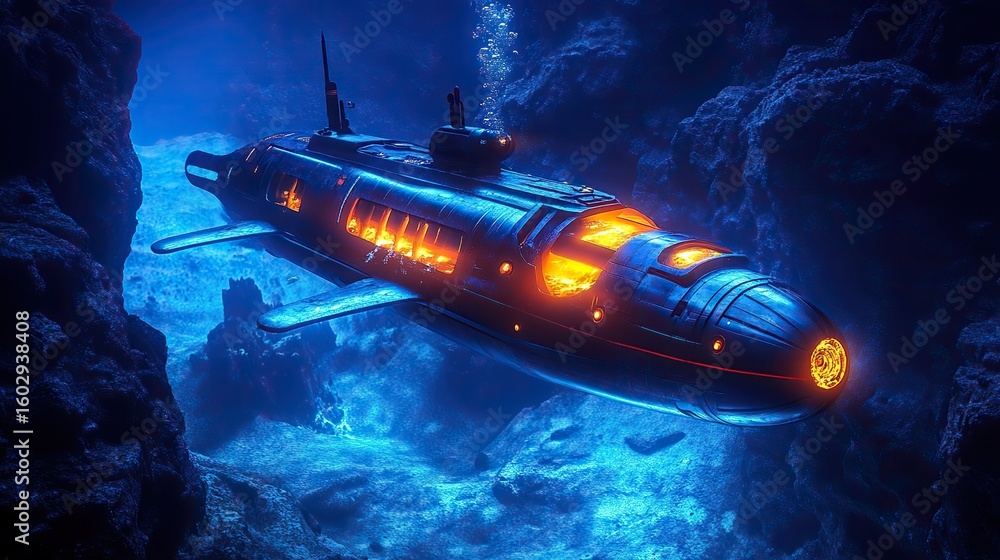 A futuristic deep-sea submarine navigating through the dark abyss, illuminated by glowing marine life. A futuristic deep-sea submarine navigating through the dark abyss, illuminated by glowing marine life.
