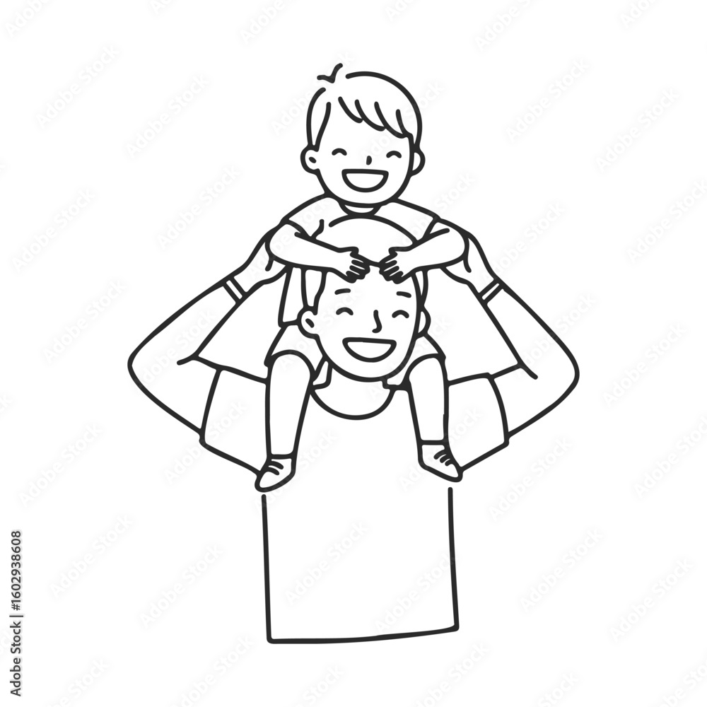Smiling caucasian adult male with happy child on shoulders – stock vector icon in line style Smiling caucasian adult male with happy child on shoulders – stock vector icon in line style
