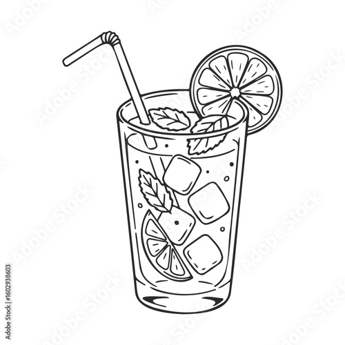 Hand-drawn lemonade with ice cubes, straw, and mint leaves – stock vector icon in line style