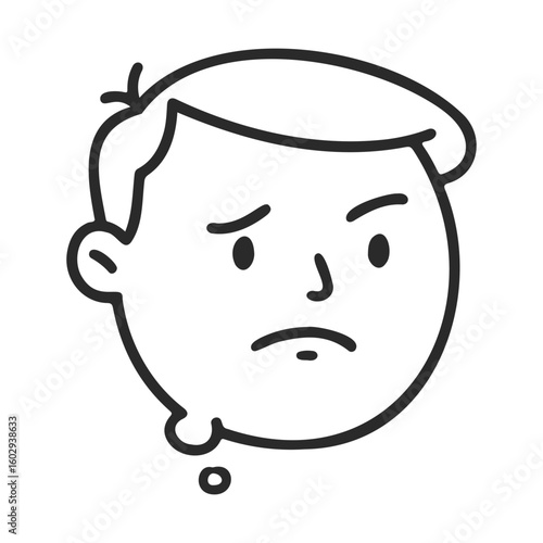 Simplistic black and white sketch of a pensive male face – stock vector icon in line style