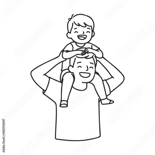 Happy adult caucasian male carrying smiling caucasian child on shoulders in line art – stock vector icon in line style
