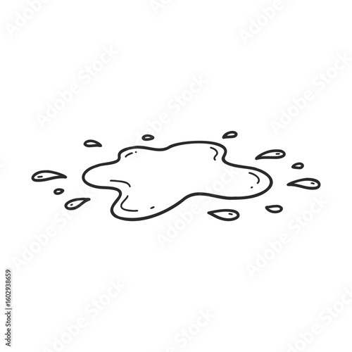 Simple black line drawing of a water puddle with splashes on white background – stock vector icon in line style