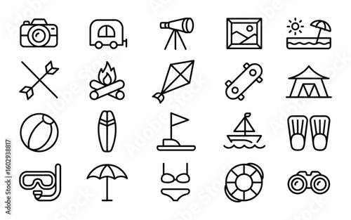 Summer Vacation and Beach Holiday Line Art Vector Icon Set - Camera, RV, Telescope, Campfire, Kite, Skateboard, Tent, Snorkeling, and Outdoor Activities