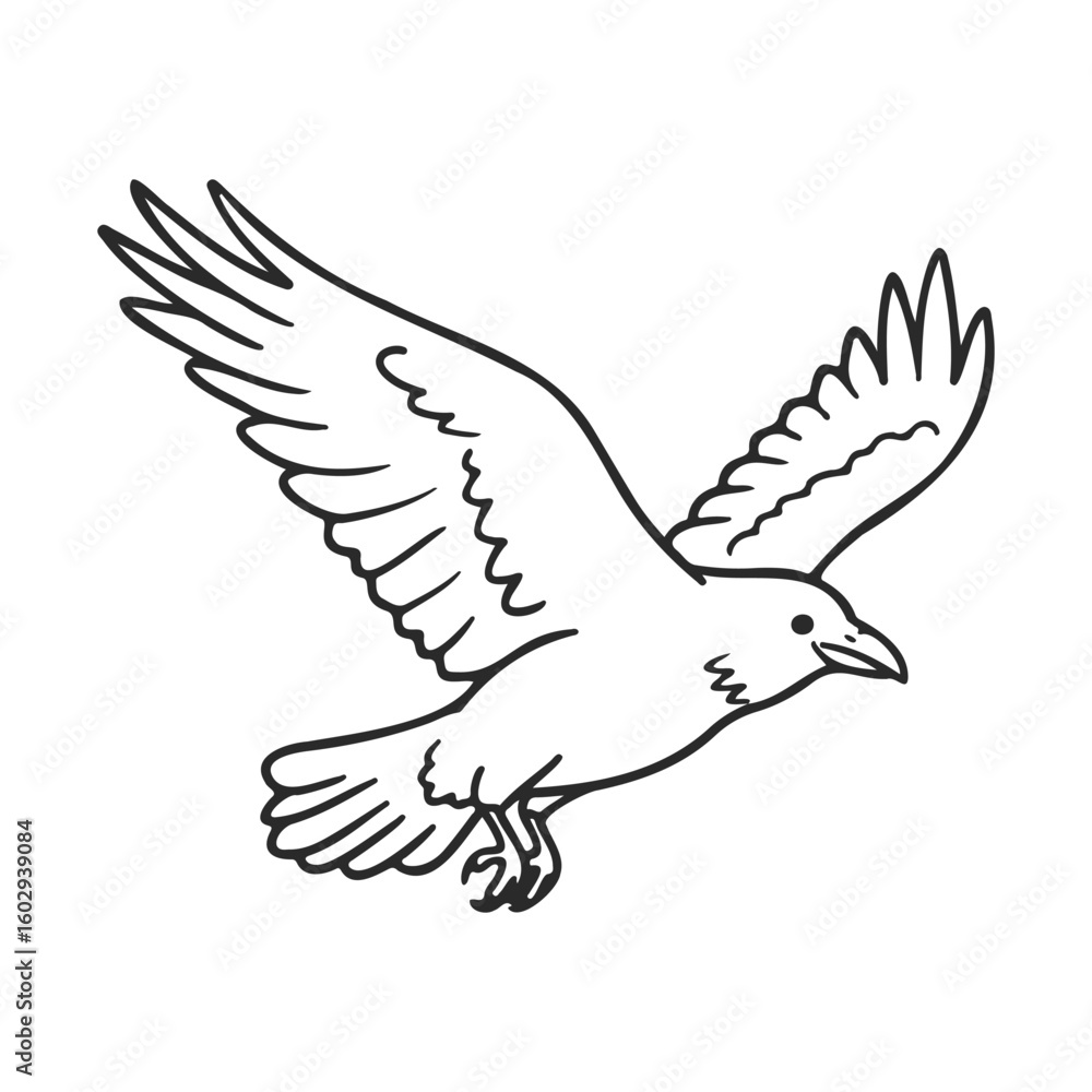 Fototapeta premium Black and white outline of a flying crow with outstretched wings – stock vector icon in line style