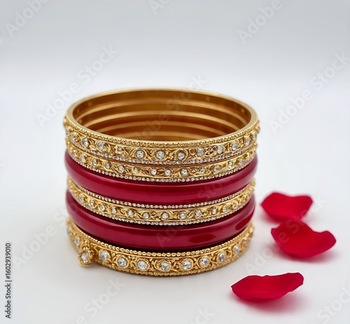 Red and gold vibrant bridal metal bangles for the bride Indian wedding with thick shiny glittery texture essential design style culture tradition ceremony ornament intricate craftmanship	