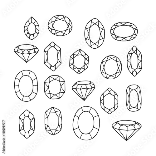 Collection of geometric gemstone shapes and faceted jewel designs – stock vector icon in line style
