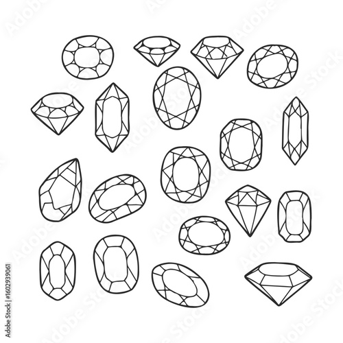 Variety of geometric gemstone shapes and facets in black outline design – stock vector icon in line style