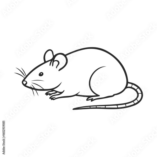 Simple black and white illustration of a mouse with long tail on white background – stock vector icon in line style